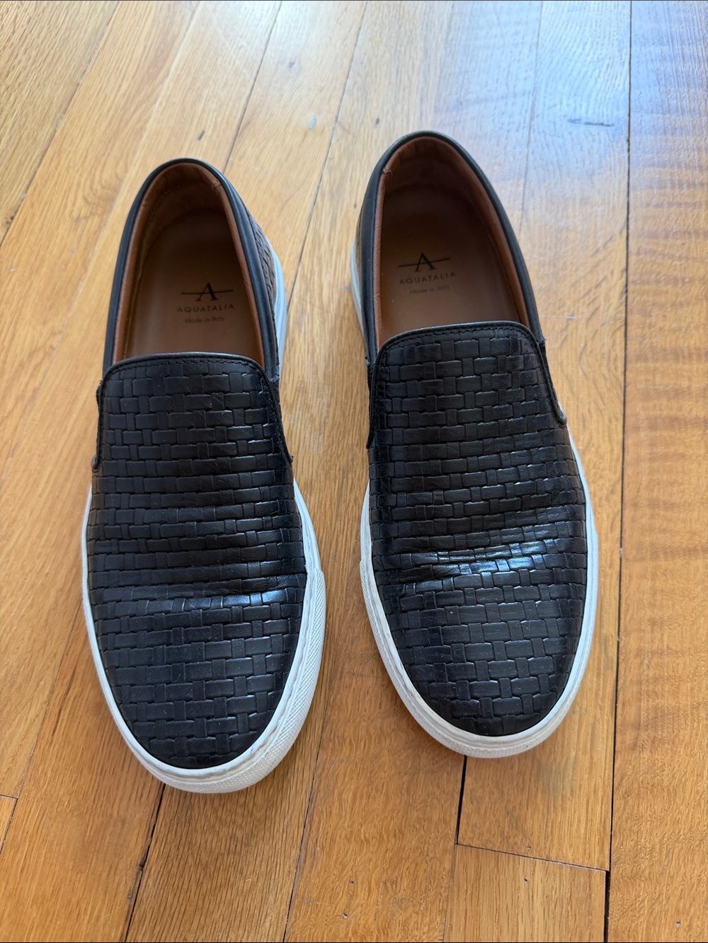 Aquatalia Black Woven Leather Slip-On Sneakers with White Sole - Picture 2 of 6